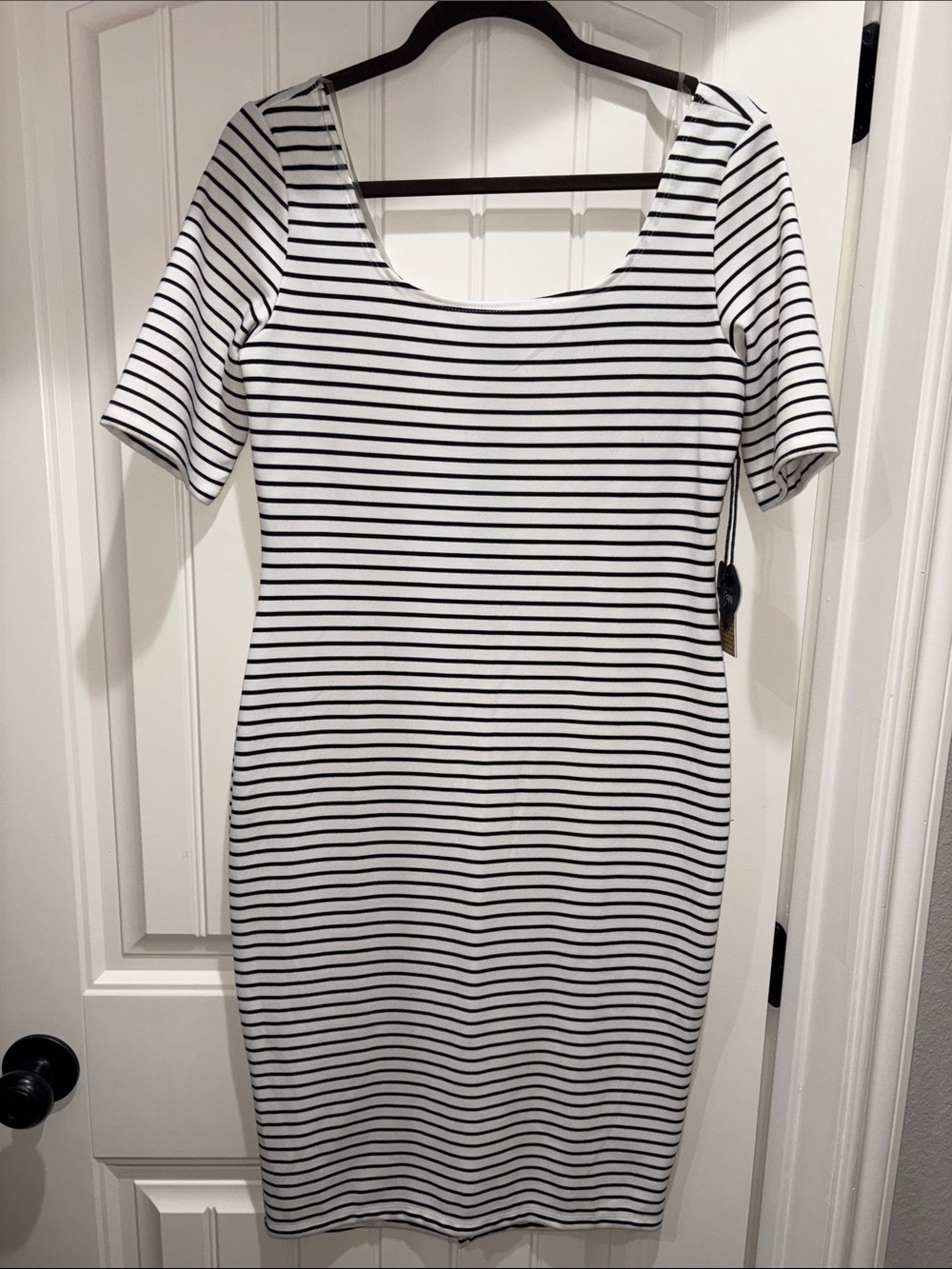 Popular Basics Black & White Striped Scoop-Neck Midi Dress